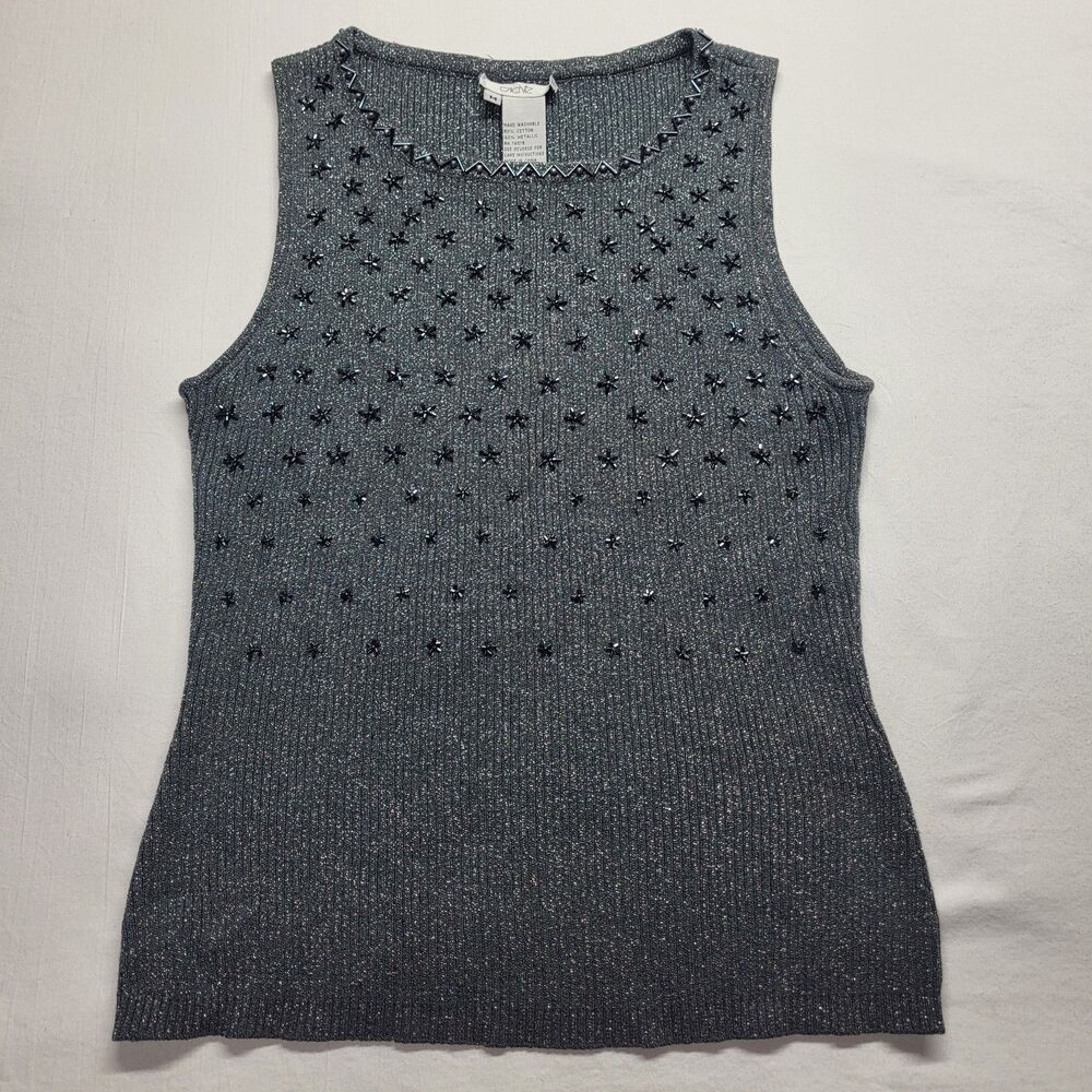 Cache Top M Ribbed Sweater Knit Silver Metallic Beaded Round Neck FLAW